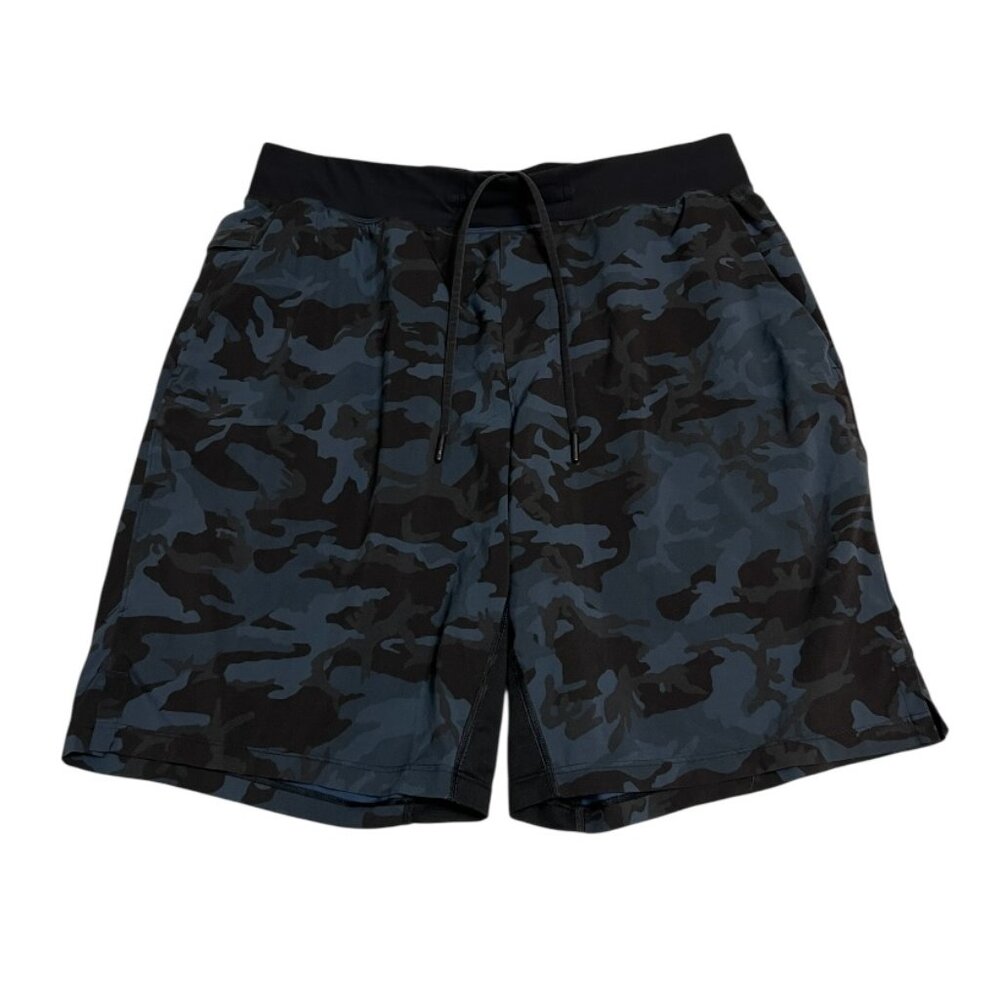Lululemon Men Camo Training Shorts M Inseam Blue Black Lined Gym Running